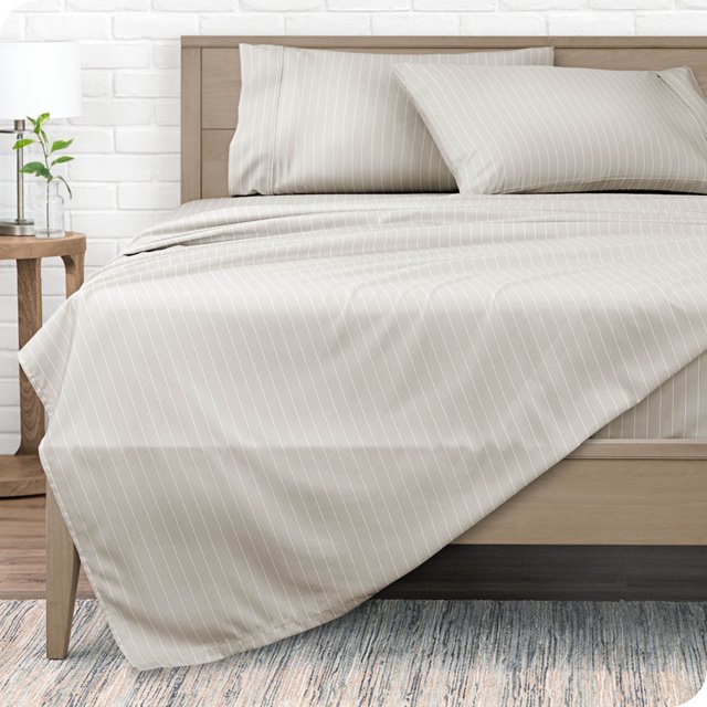 Bare Home Ultra-Soft Sheet Set - Premium 1800 Collection - Deep Pockets - 5-Pieces - Split King, Pinstripe - Stone/White