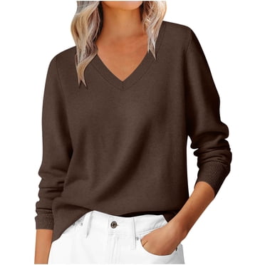 HAiming Chandail à Manches Longues pour Femme Col en V Hauts en Tricot Décontractés Doux Classique Chandail à Enfiler Vêtements de Printemps Brun 2TG