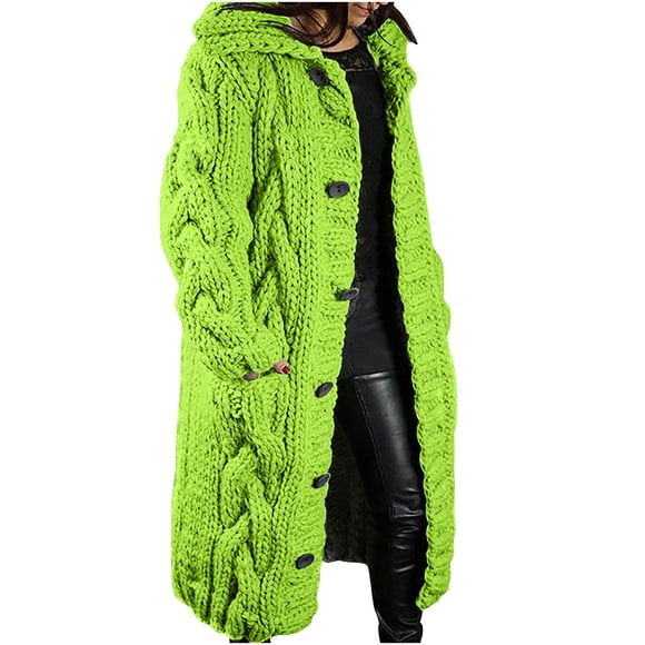 Teissuly Spring Winter Warm Coat Women Hood Cardigan Large Size Sweater Pocket Single Breasted Long Sleeves Coat,Size S-5XL