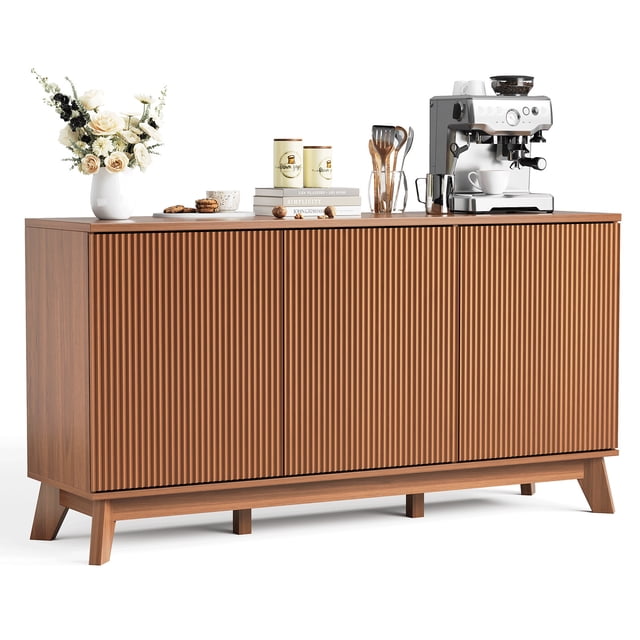 Modern Farmhouse Sideboard Buffet Cabinet – 58" Walnut Fluted Wood Credenza with Curved Doors, Adjustable Shelves, Versatile Storage for Dining Room, Kitchen, Living Room, or Coffee Bar, Walnut
