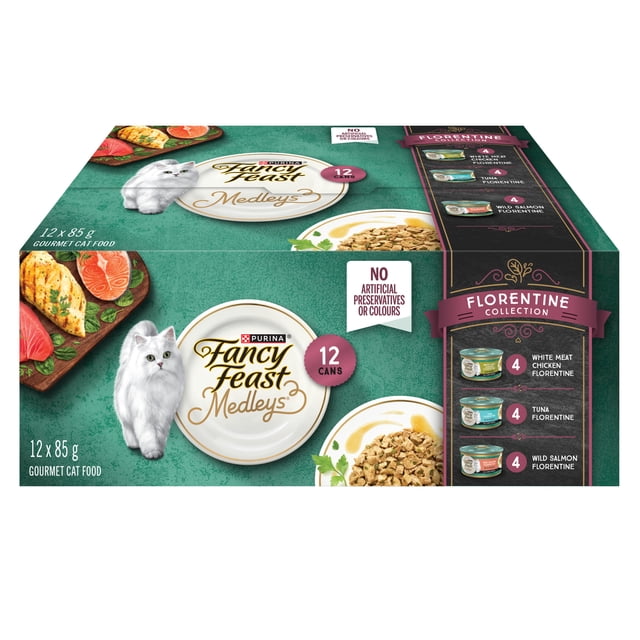 Fancy Feast Medleys Collection Variété de Sauce Florentine, Nourriture Humide pour Chat 85 g x 12 - Douze Boîtes de 85 g de Nourriture Humide pour Chat dans une Sauce Florentine, Recettes Medleys Gastronomiques avec des Ingrédients Vrais, Sans Agents de Conservation Ni Colorants Artificiels, nutrition 100 % Complète et Équilibrée pour Chats Adultes; Convient comme Garniture de Repas pour Attirer les Mangeurs Difficiles.