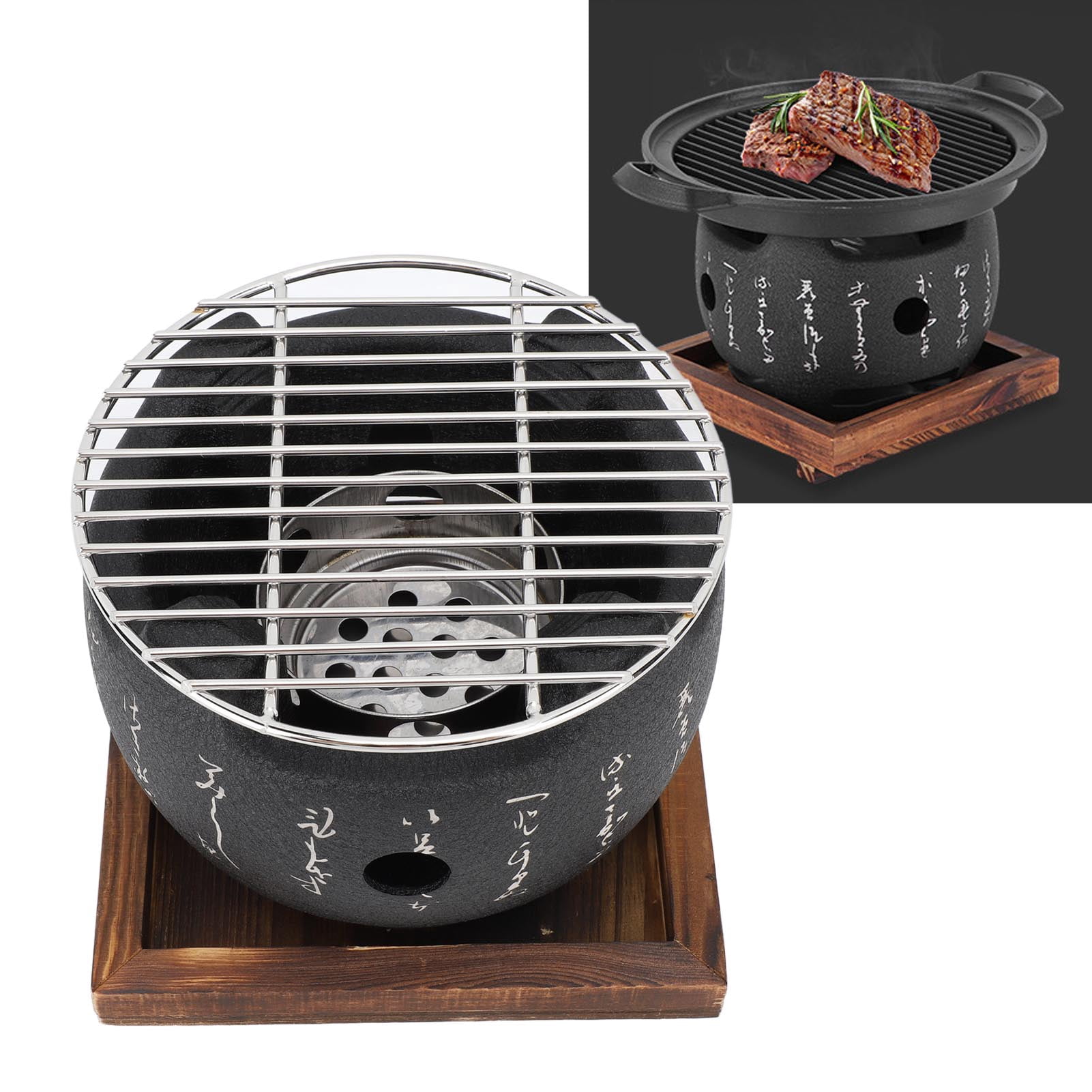 Japanese Style BBQ Grill, Mini Portable Barbecue Stove Aluminium Alloy Round Charcoal Stove with Wire Mesh Grill and Wooden Base, Japanese Tabletop Household Barbecue Tools