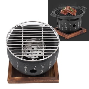 Japanese Style BBQ Grill, Mini Portable Barbecue Stove Aluminium Alloy Round Charcoal Stove with Wire Mesh Grill and Wooden Base, Japanese Tabletop Household Barbecue Tools
