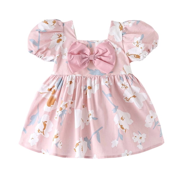Girls Dresses Baby Toddler Girls'summer Flower Print Casual Dress with Ruffled Hem Square Neck Sundress with Bow Baby Dress Pink 18 Months-24 Months