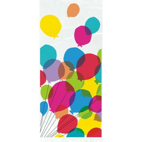 Balloons & Rainbow Birthday Cellophane Bags, 5" x 11", 20ct, clear cellophane bags featuring a colorful balloon pattern in red, yellow, blue, green, purple, orange, and pink, with included twist ties, suitable for holding party favors, treats, or small gifts.