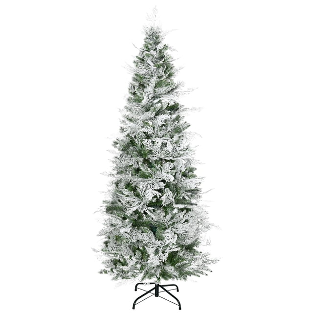 HOMCOM 6 FT Pencil Artificial Christmas Tree, Snow Flocked Xmas Tree, Green. A slender, snow-flocked artificial Christmas tree with realistic branches and a sturdy metal base. Designed for indoor holiday decor, it features hinge construction for easy setup, flame-retardant materials for safety, and a compact shape ideal for small spaces.