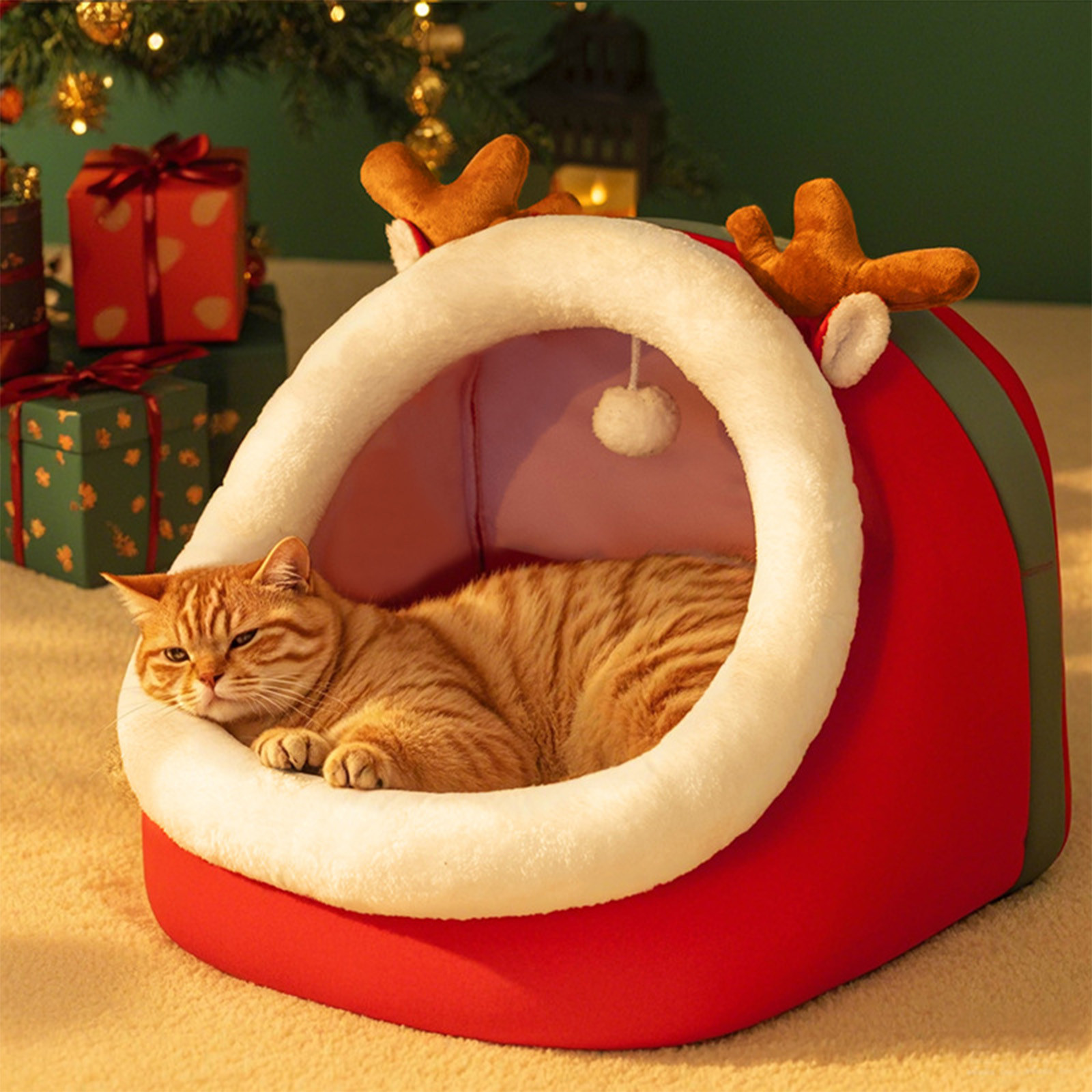 Birdeem Small Dog Bed, Washable Dog Bed, Christmas Red Reindeer Pet Bed Semi Enclosed Kitty Bed Dog Bed Removable and Washable Dog Bed Winter Warm Cats Bed, Small Dog Bed Washable, Small Cat Bed