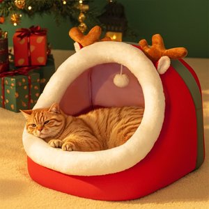 Birdeem Small Dog Bed, Washable Dog Bed, Christmas Red Reindeer Pet Bed Semi Enclosed Kitty Bed Dog Bed Removable and Washable Dog Bed Winter Warm Cats Bed, Small Dog Bed Washable, Small Cat Bed