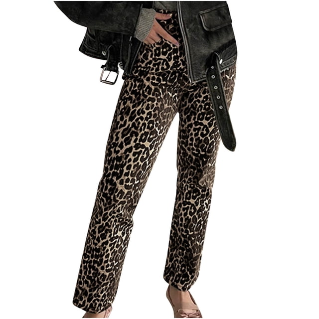 KIHOUT Women's Leopard Printed Faux Jeans Full Length Mid Rise Cheetah Print Demin Baggy Pants