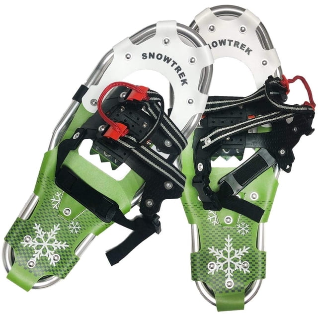 SNOWTREK Aluminum Snowshoes with Carrying Bag designed for winter sports enthusiasts. Features lightweight aluminum frames, green HDPE plastic decks with snowflake patterns, and one-pull adjustable harnesses for easy fitting. Ideal for beginners on flat to rolling terrain. Includes semi-rigid pivot bars and V-formation aluminum crampons for stability. Sold in pairs.