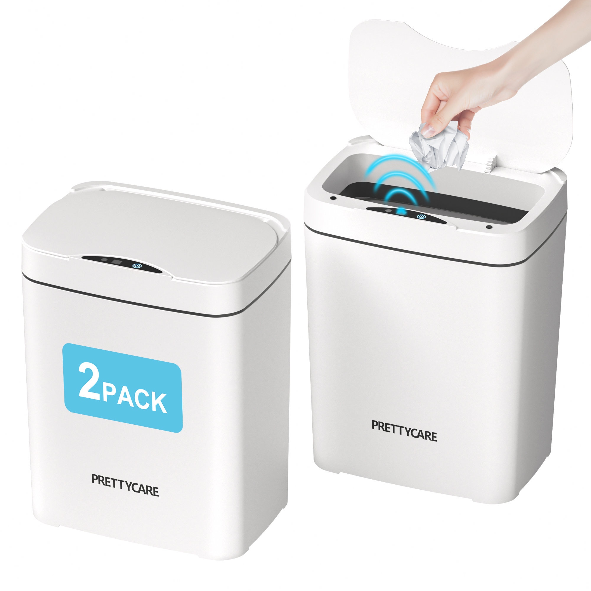 PrettyCare Garbage Bins with Lid 2*14L.Automatic Sensor Touchless trash can for Bathroom, Kitchen, Bedroom, Office GC01
