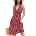 thumbnail image 1 of Robe d'Été Sans Manches Portefeuille à Col en V à Fleurs pour Femme Mini Robe Bordeaux S, 1 of 5