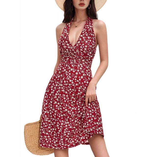 Robe d'Été Sans Manches Portefeuille à Col en V à Fleurs pour Femme Mini Robe Bordeaux S