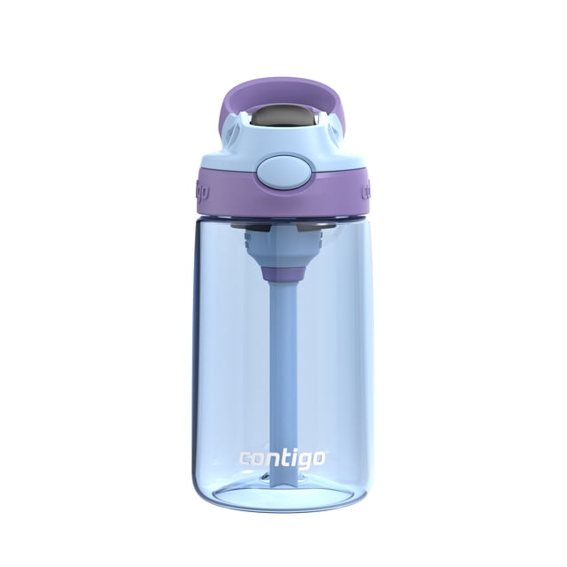Contigo Kids Aubrey Straw Water Bottle in periwinkle and amethyst, featuring a clear blue body, purple lid with a leak-proof AUTOSPOUT silicone straw that flips up with a button, a sturdy handle for easy carrying, and dishwasher safe parts, suitable for children aged 3 and up.