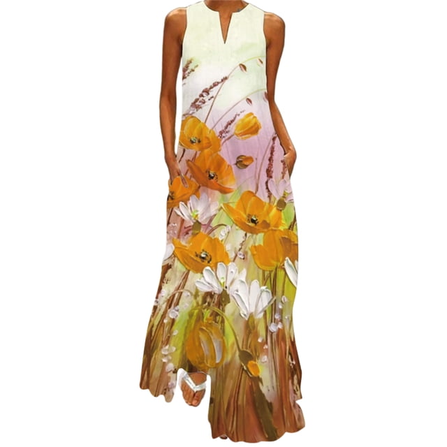 Innerwin Longues Robes Maxi à Imprimé Floral pour Femmes, Robe d'Été de Plage, Vacances, Sans Manches, Robe Débardeur Hawaïenne Style g L
