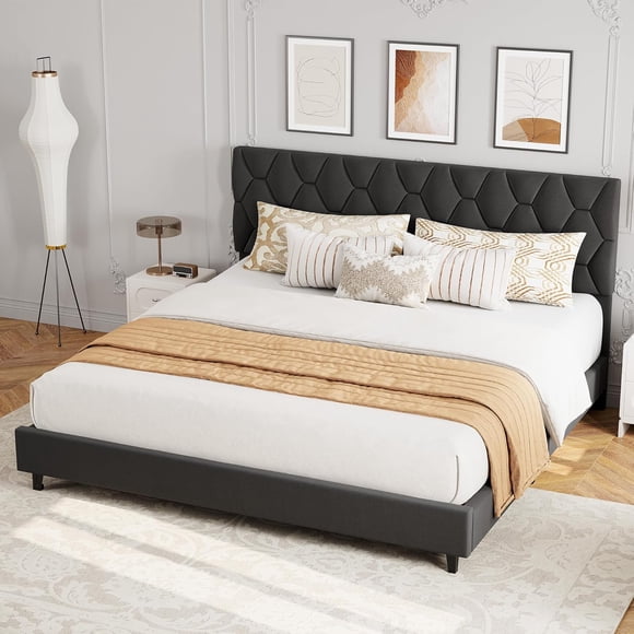 Cadre de Lit Plateforme Grand Lit avec Tête de Lit Rembourrée et Lattes de Bois, Base de Matelas Rembourrée/pas de Sommier Requis/assemblage Facile, Gris