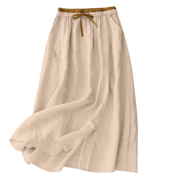 Women's Linen Skirt, Elastic Waist Midi Skirt with Floral Embroidery, Summer Loose Fit Casual Design, Breathable Fabric for Comfortable Wear