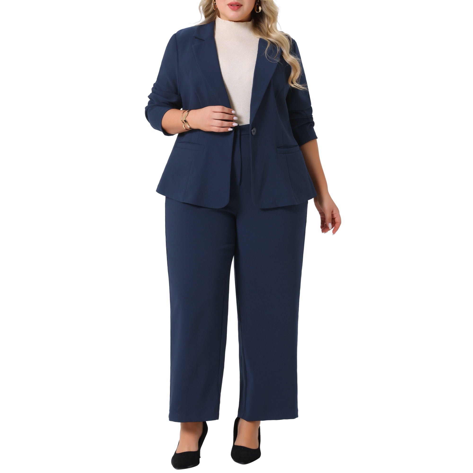Agnes Orinda Women's Plus Size Suit Two Piece Outfits Business Office Blazer Jacket And Pants Suit Set 2x Dark Blue