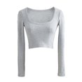thumbnail image 2 of Faithtur Femmes Chemise Courte Manches Longues Profond Rond Couleur Unie Crop Tops Street Casual Party Street Spring Tops, 2 of 4