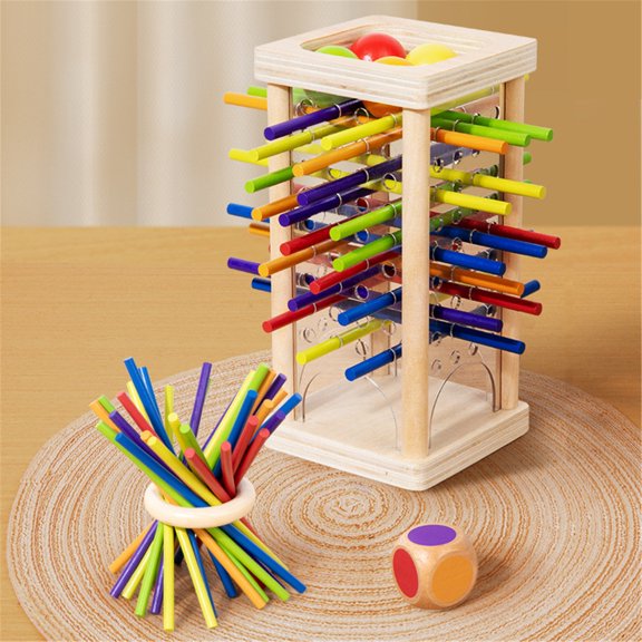 1Set Wooden Stick Game,Wooden Stick Pulling Toy,Classic Tabletop Toy,3-in-1 Balance Tower Toy with Sticks, Includes Mixed Colors Sticks and Dual-Level Puzzle,Math Learning Toys,Family Travel Games