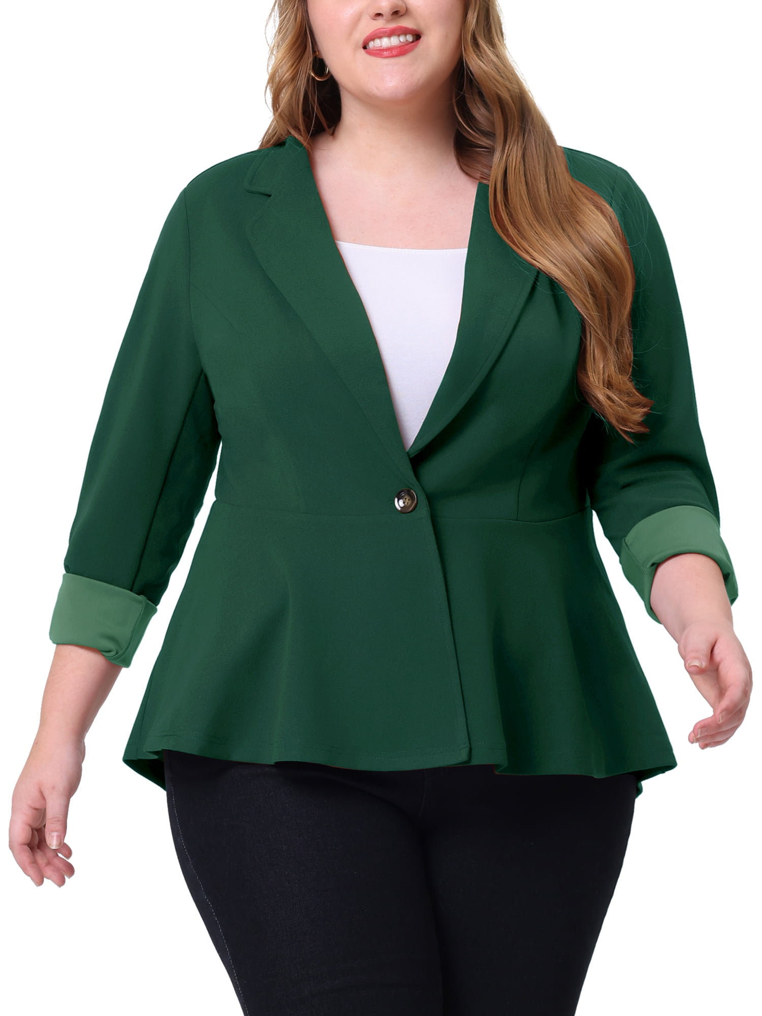 Agnes Orinda Women's Plus Size Blazer Button Notch Panel Ruffle Peplum Blazers 5X Dark Green