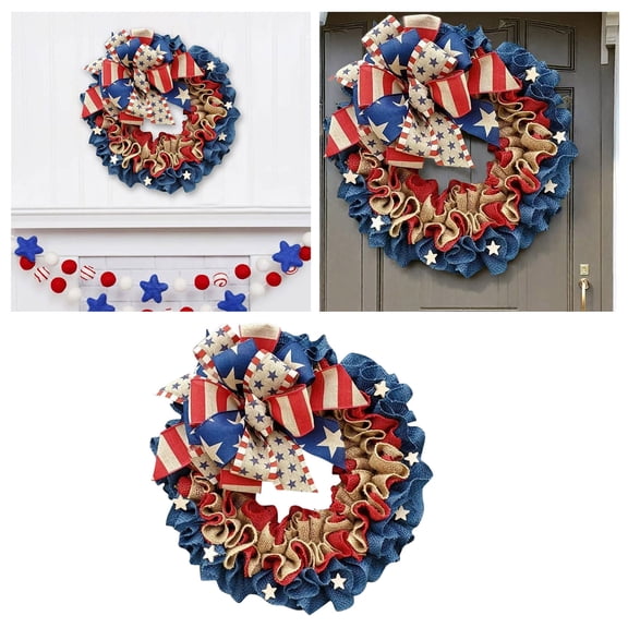 BKER 4th Of July Wreath For Front Door 12inch Patriotic Burlap Cloth Wreath Memorial Day Independence Day Summer Holiday Red White And Blue Farmhouse Hanging Ornament 30cm