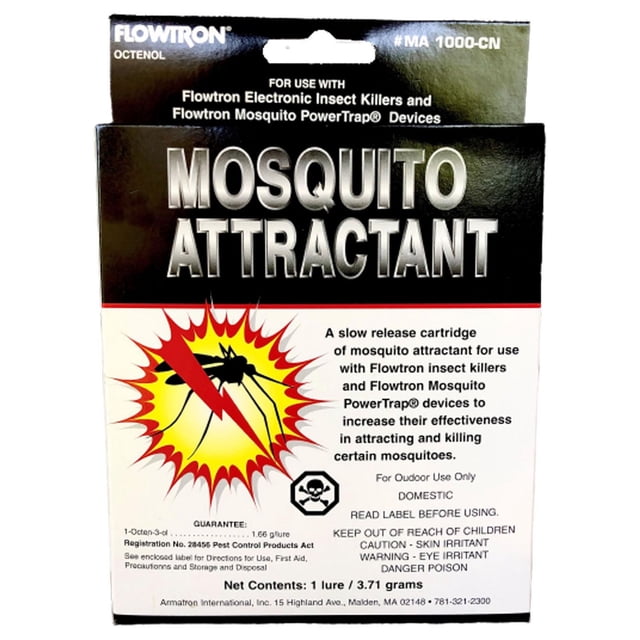 Flowtron Octenol Mosquito Attractant Cartridge MA1000CN packaging featuring bold 'Mosquito Attractant' text and a red lightning bolt striking a mosquito graphic, a slow release cartridge for outdoor pest control that boosts Flowtron electronic insect killers and mosquito PowerTrap devices' mosquito capture efficiency.
