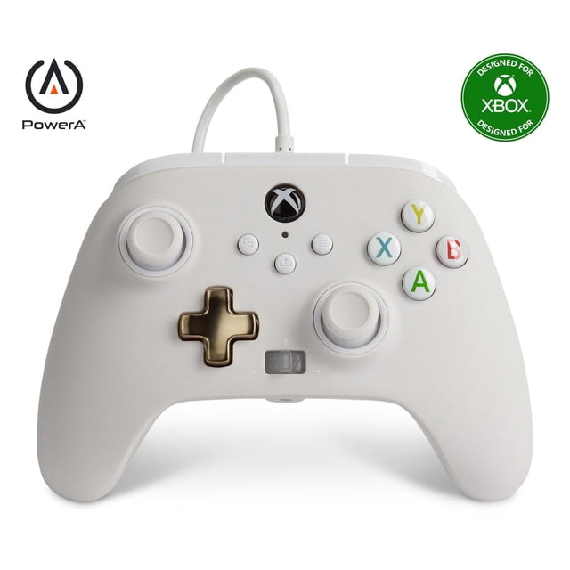 PowerA Manette Filaire Améliorée pour Xbox en Gris Brume avec Pavé en D Doré Métallique, Doubles sticks Analogiques Blancs avec Bagues anti-friction, Disposition de Boutons standard Incluant Boutons Colorés A, B, X, Y, Bouton de Partage, Cadran de Casque et Câble USB de 10 Pi, sous Licence Officielle pour Xbox Series X et S.