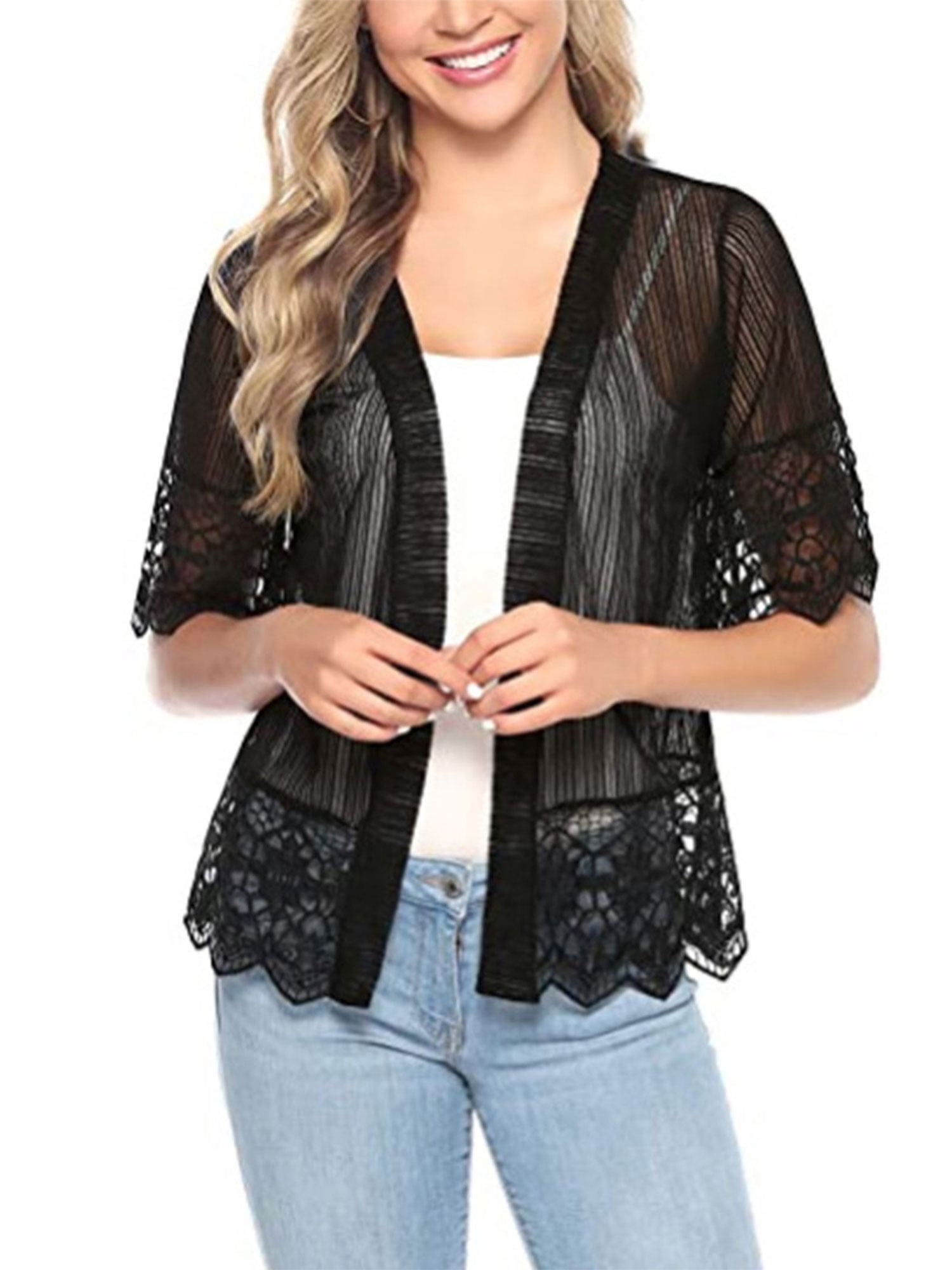Faithtur Women Open Front Shrug Short Sleeve Lace Patchwork Sheer Cover Up