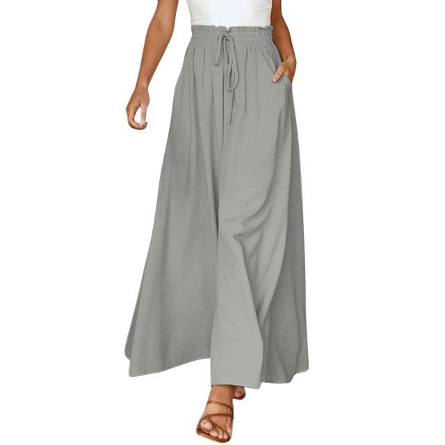 GZWYHT Wide Leg Pants,Palazzo Pants,Women's Wide Leg Pants Flowy Ruffle Solid Color Drawstring Waist Pants,Flowy Pants,High Waisted Pants,Sweatpants Women,Gray 1,L