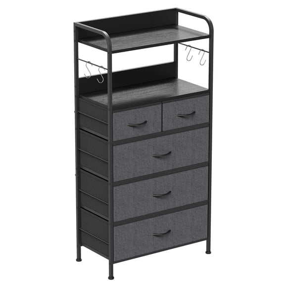 PIONEERWORKS 5 Fabric Drawers Dresser, Storage Organizer Unit, Sturdy Metal Frame, Wood Tabletop, Easy Pull Handle for Hallway, Entryway, Grey