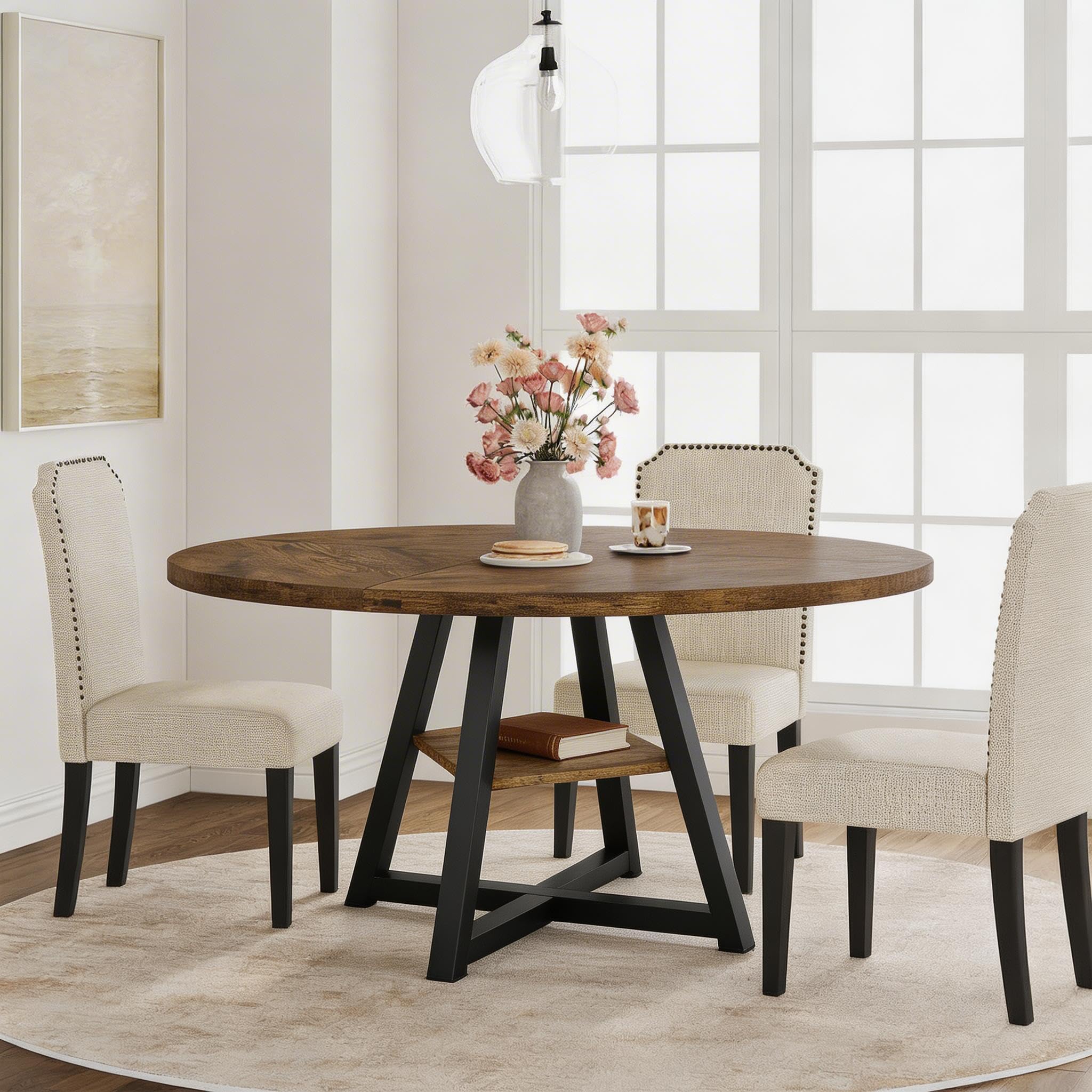 47" Round Dining Table for 4-6 with Storage Shelf, Industrial Kitchen Table with Sturdy Metal Pedestal Base – Circle Dinner Table for Kitchen, Dining Room & Living Room
