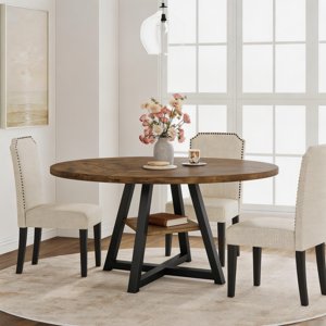 47" Round Dining Table for 4-6 with Storage Shelf, Industrial Kitchen Table with Sturdy Metal Pedestal Base – Circle Dinner Table for Kitchen, Dining Room & Living Room