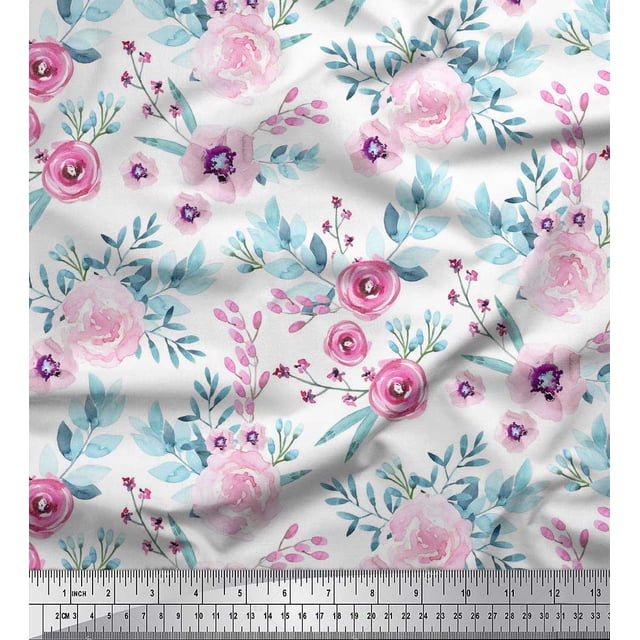 Soimoi Tissu Popeline de Coton Blanc Anémone & Fleur Rose Tissu Floral Imprimés au Mètre 56 Pouces de Large