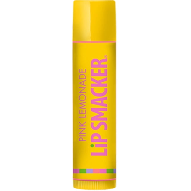 Lip Smackers Tropical Fever Lip Balm Trio showing a yellow Pink Lemonade lip balm tube with bright pink text and a multicolored stripe near the base, featuring a conditioning formula that provides smoothing moisture and a natural finish.