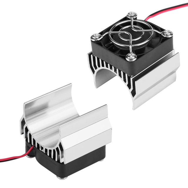 RC Heat Sink for 1/10 scale electric RC cars, designed for 540, 550, and 3650 motors. Made of aluminum alloy and plastic, it features a 4.8-6V cooling fan for effective heat dissipation, preventing motor overheating. The silver heat sink measures approximately 45 x 40 x 40mm and includes a 30 x 30 x 10mm cooling fan.