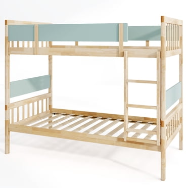 Costway Twin Over Twin Bunk Bed Solid Wood Bed Frame with Ladder Full-length Guardrails Natural