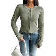 thumbnail image 3 of Women's Slim Fitted Round Neck Cardigan Sweater Button Down Basic Knit Outerwear Green L, 3 of 10