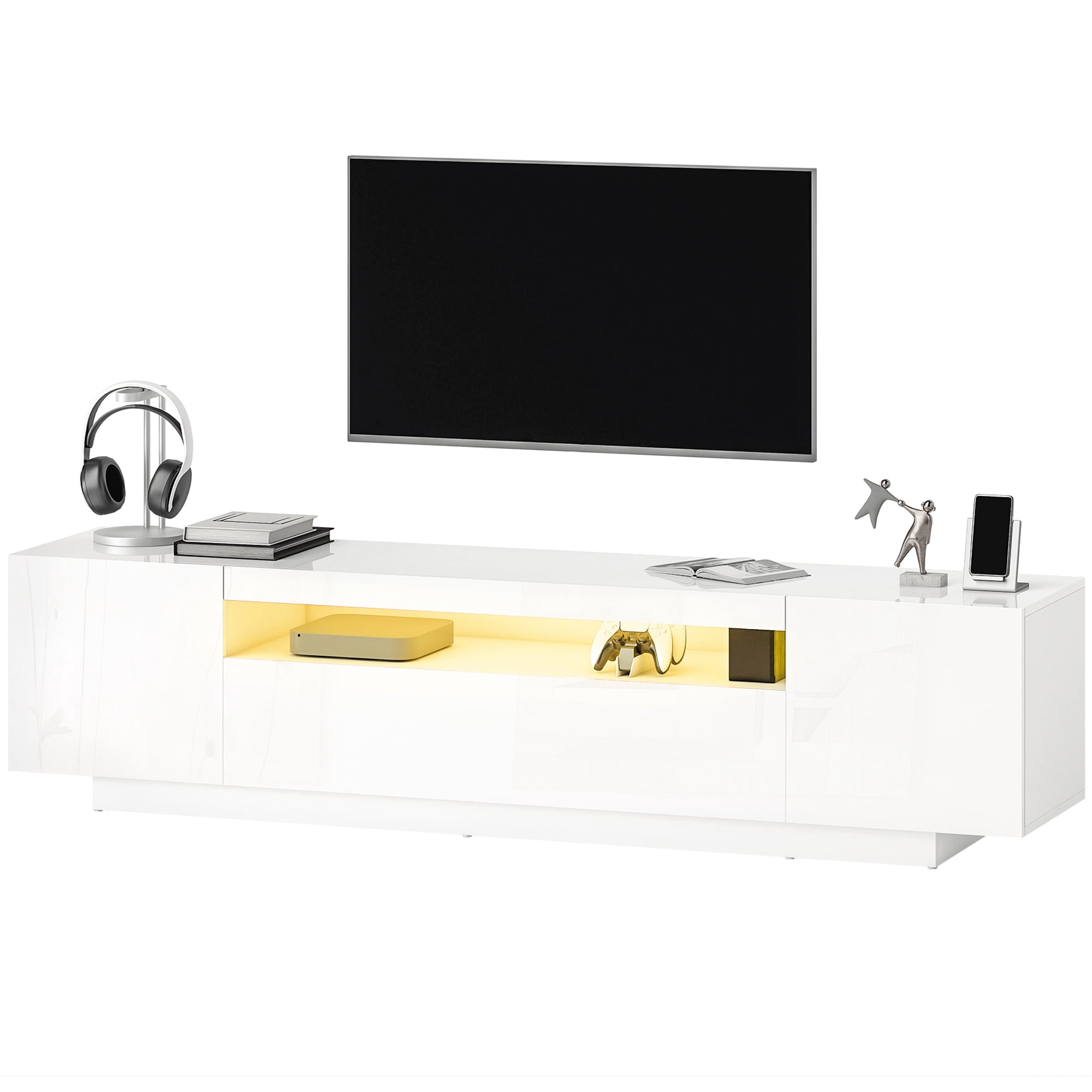 CoSoTower Entertainment Center with RGB LED Lights, TV Stand for 65-85 Inch TV, Modern TV Table for Living Room, High Gloss White