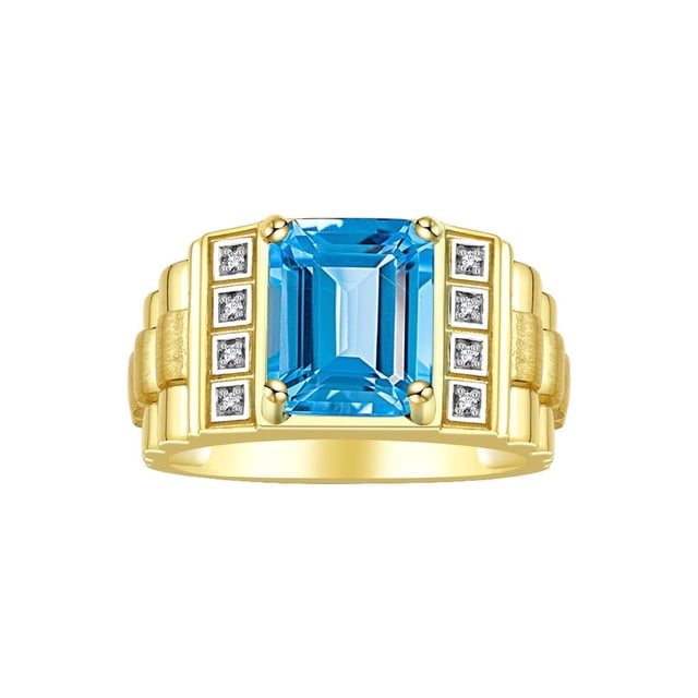 RYLOS Men's Rings 14K Yellow Gold Designer Style 10X8MM Emerald Cut Shape Gemstone & Diamonds Blue Topaz December Birthstone Rings For Men Size 8