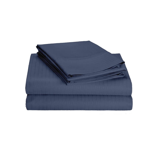 Johnson Home 600 Thread Count Cotton Tuxedo Sheet Sets in deep blue with subtle vertical stripes, folded neatly to show fabric texture and quality, made from breathable Egyptian cotton for durability and comfort, suitable for enhancing bedroom bedding sets.