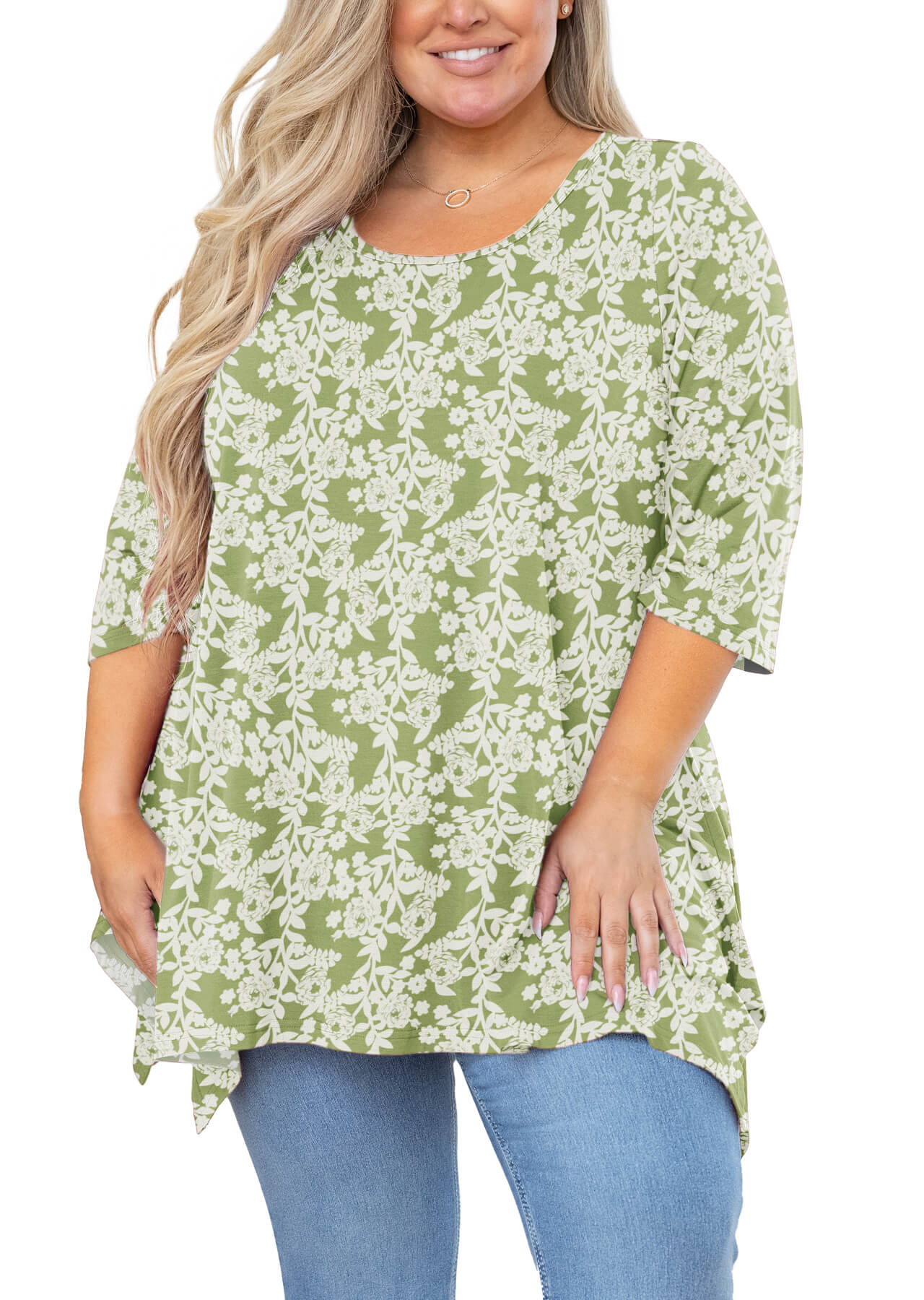 SHOWMALL Chemise Grande Taille pour Femmes Manches 3/4 Vêtements Roses Vertes 1X Blouse Haut Évasé Col Rond Maternité Vêtements Amples pour Leggings
