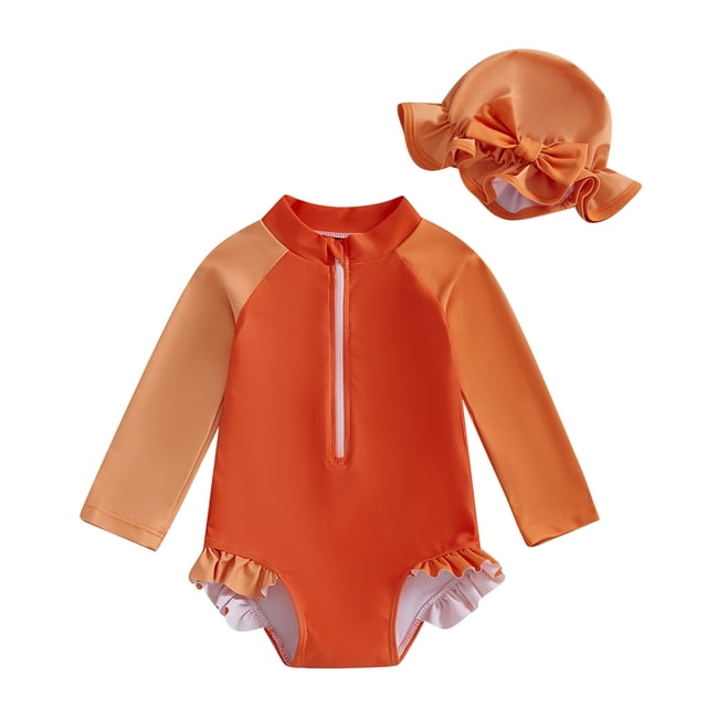 Girls Long Sleeve Hooded Color Block Swimsuit for Kids Soft Stretch Rash Guard Bathing Suit for Summer