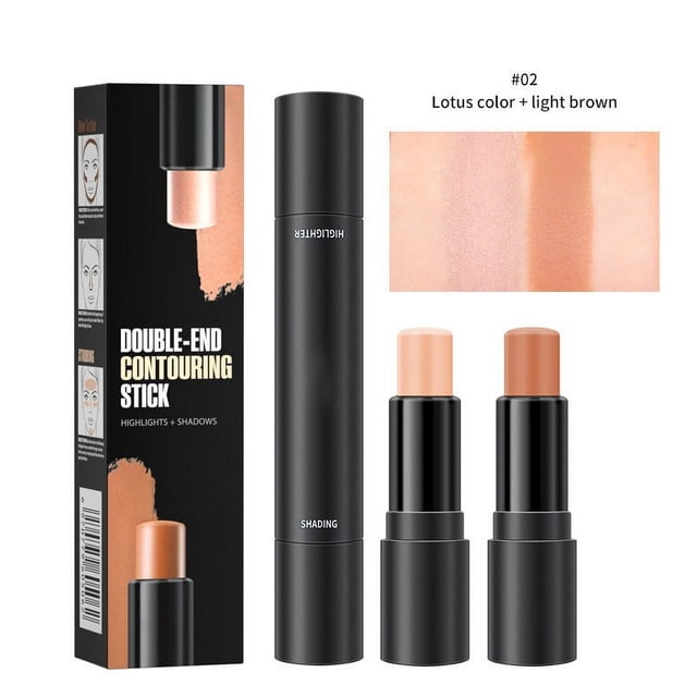 Aursykel Double Headed Versatile Contouring Stick for concealing dark circles and enhancing facial features. Features a dual-ended design with creamy texture for blending and sculpting cheekbones, nose, and jawline. Long-lasting high gloss stick shown in lotus color and light brown shades with packaging emphasizing its multifunctional use.