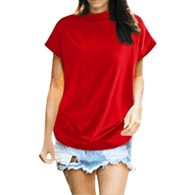 AMERTEER Blouse Décontractée en Coton à Manches Courtes et Col Roulé pour Femmes, Grande Taille