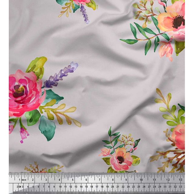Soimoi Georgette Viscose Fabric Leaves & Anemone Flower Print Sewing Fabric Yard 42 Inch Wide
