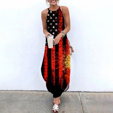Dvkptbk Robe Maxi Drapeau Américain pour Femmes 4 Juillet Patriotique Longue Robe Débardeur Décontractée Ample avec Poches Robes - Soldes d'Été Liquidation