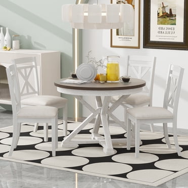 MODERNLUXE Ensemble de Salle à Manger Rétro 5 Pcs avec Table à Manger Ronde Extensible et 4 Chaises Rembourrées pour Salle à Manger et Salon, Blanc Antique