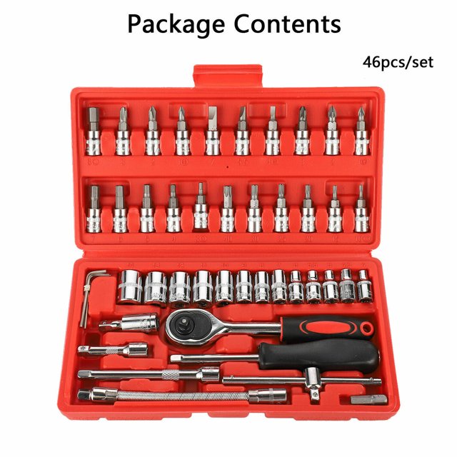46pcs Spanner Socket Ratchet Wrench Set 1/4" Drive Car Repair Tool Kit Red