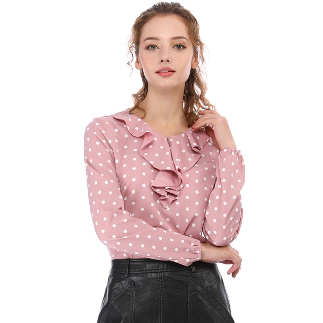 INSPIRE CHIC Women's Ruffle Neck Long Sleeve Polka Dots Blouse Shirt